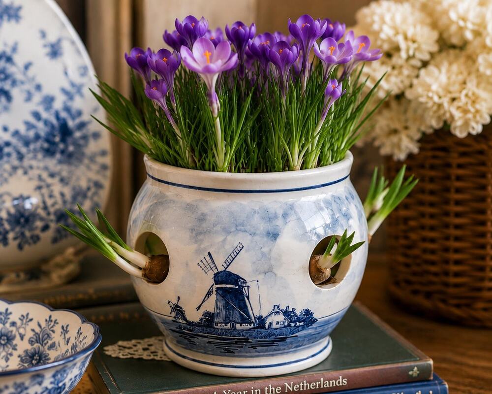 Vintage Delft Blauw Windmill Bulb Planter, Hand-Painted Holland Ceramic